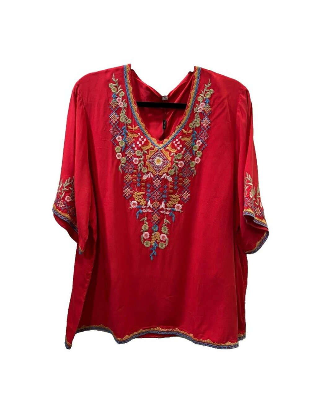 LauraKlein Tunic Blouse Red Embroidered Floral V-Neck short Sleeve XL